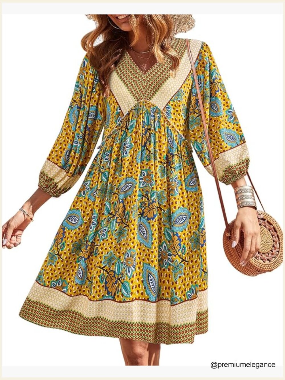V-Neck 3/4 Sleeve Floral Babydoll Mini Dress Loose Fit Boho Casual